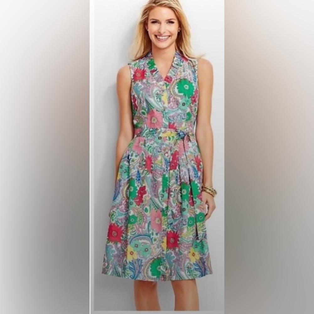 NWT Talbots Cotton Paisley Ruffle Neck Sleeveless Dress Size 14 Garden Romantic